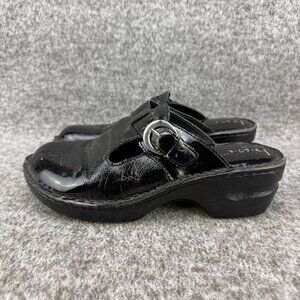 ✅Womens 8M BOC Black Leather Mules Slide Sandals Adj. Buckle Detail Block Heel